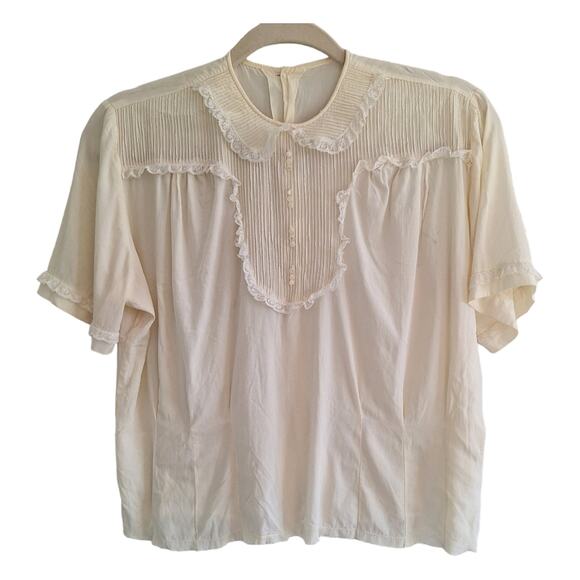 Vintage Handmade Small Cropped Peasant Blouse Short Sleeve & Lace Detail - Picture 1 of 11